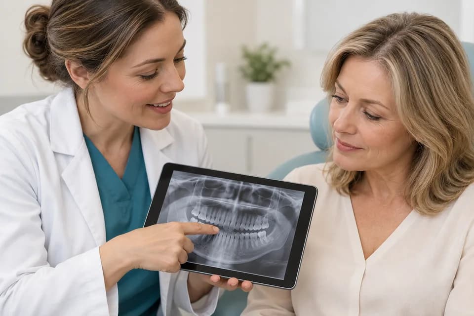 Consulta ilustrativa con una radiografía ficticia