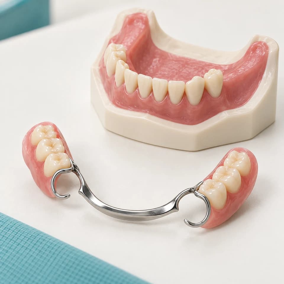 Prótesis parcial removible junto a un modelo didáctico que conserva dientes naturales. Imagen ilustrativa creada con IA; no es un caso clínico real.