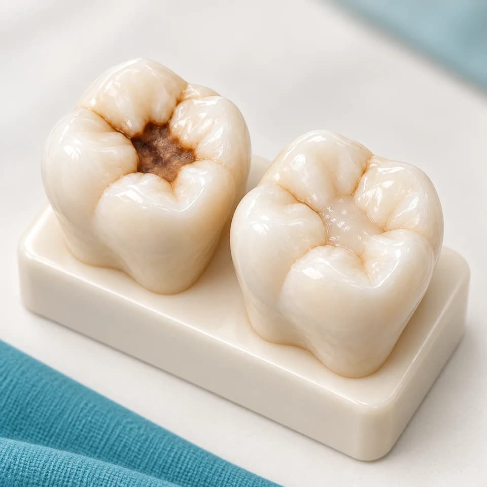 Dos modelos didácticos: una muela con caries y otra con una obturación de resina. Imagen ilustrativa creada con IA; no es un caso clínico real.